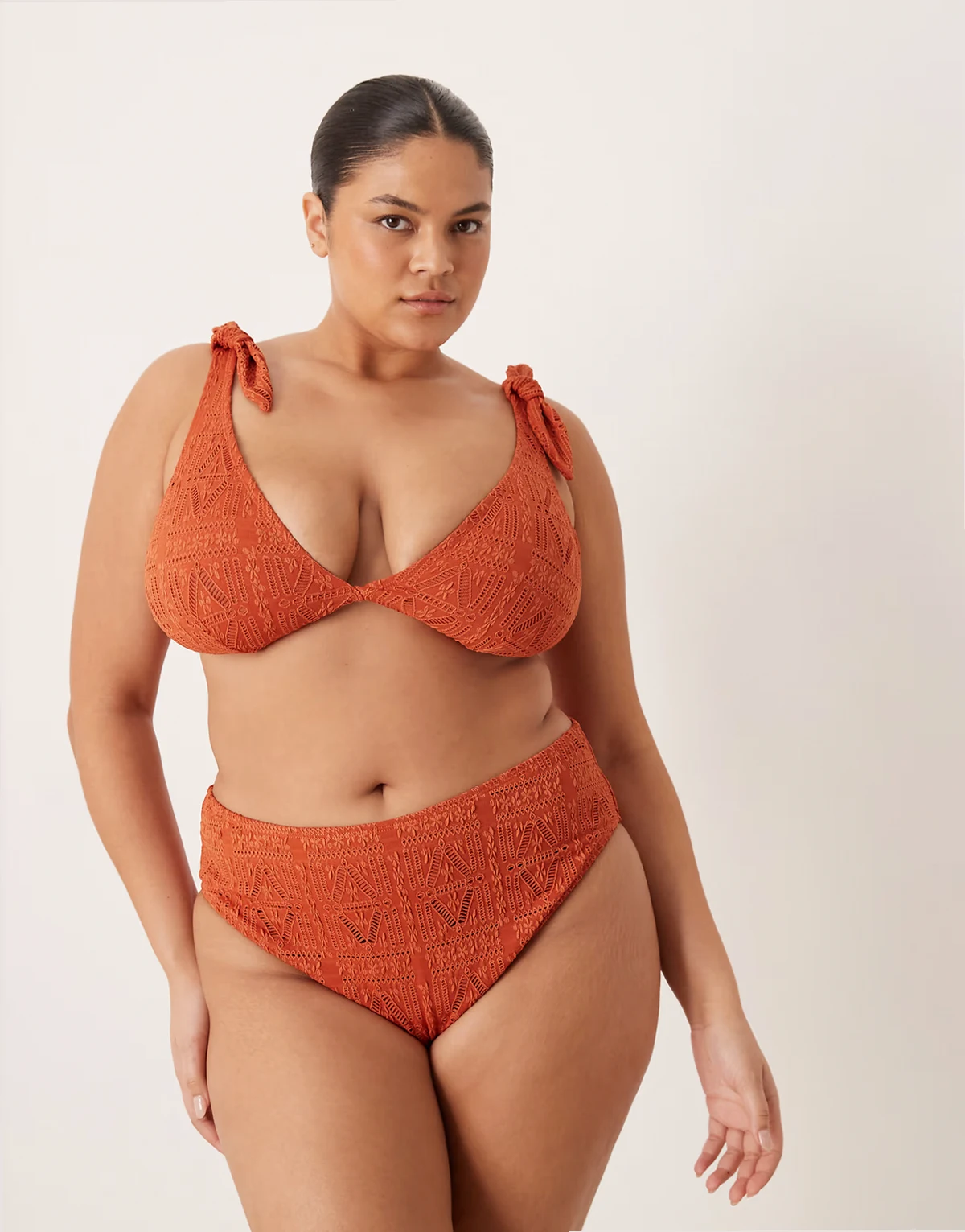 ASOS DESIGN Curve Kyle broderie Azores high leg high waist bikini bottom in rust
