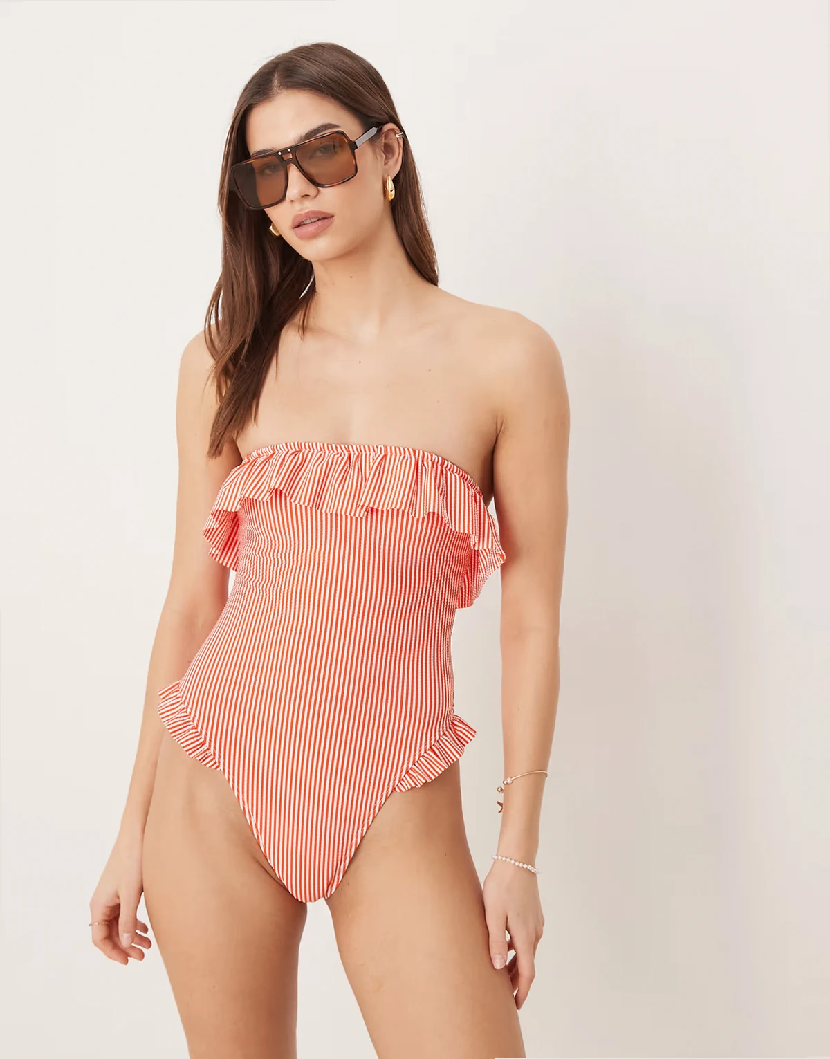 Scarlet stripe bandeau ruffle swimsuit in orange