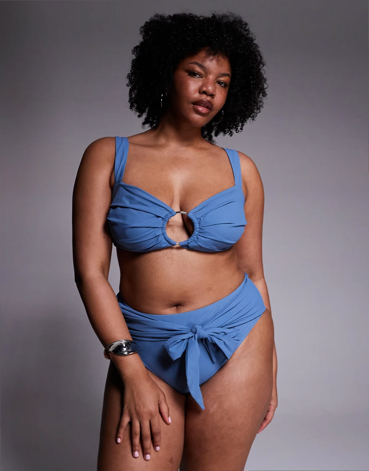 ASOS DESIGN Curve Penelope pleat crop bikini top with hoop detail in slate blue
