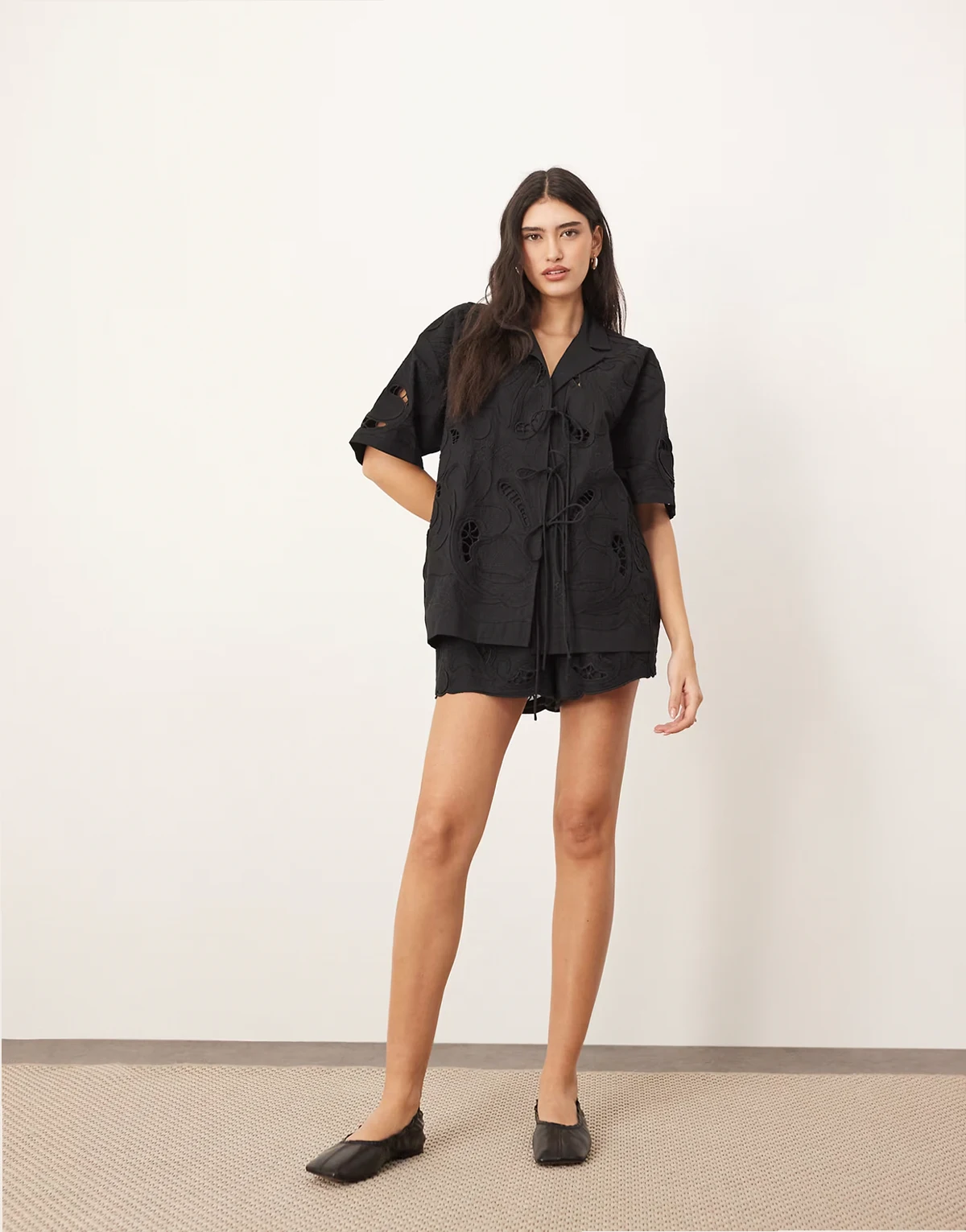 cut work embroidered shorts in black - part of a set