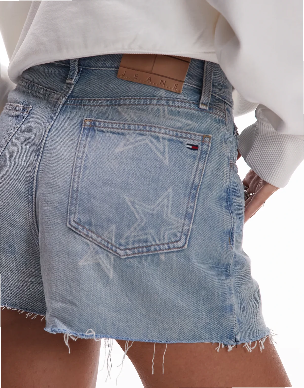 denim hot pants with star detail in light wash