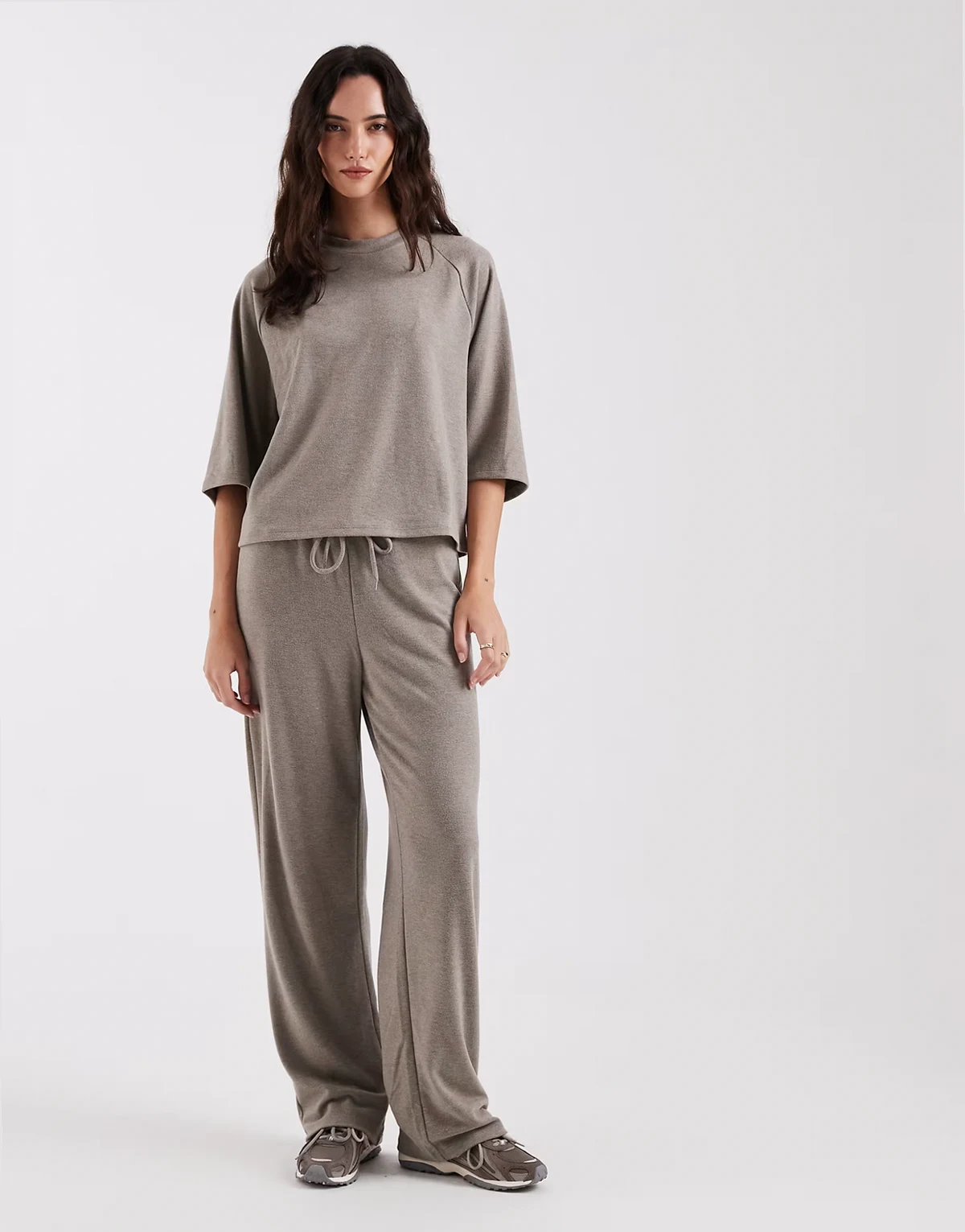 soft texture wide leg pants in light brown - part of a set