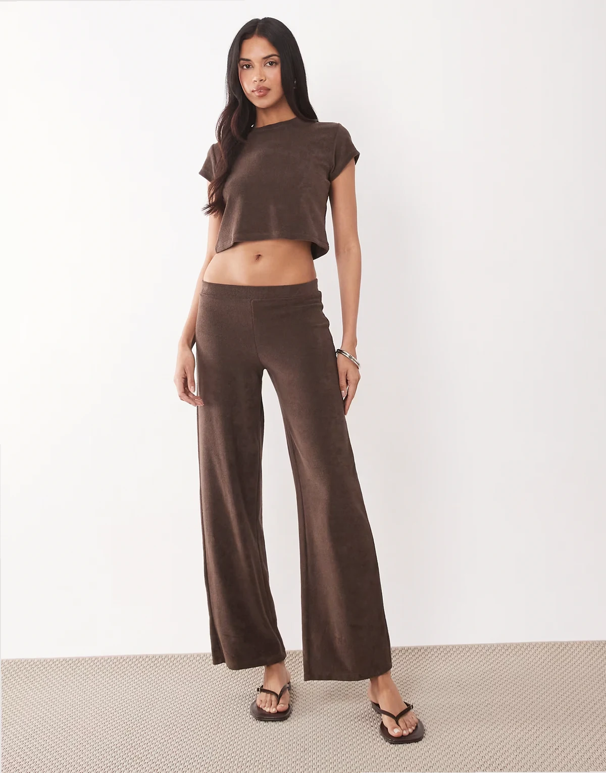 exclusive cotton rich terrycloth low waist wide leg pants in chocolate - part of a set