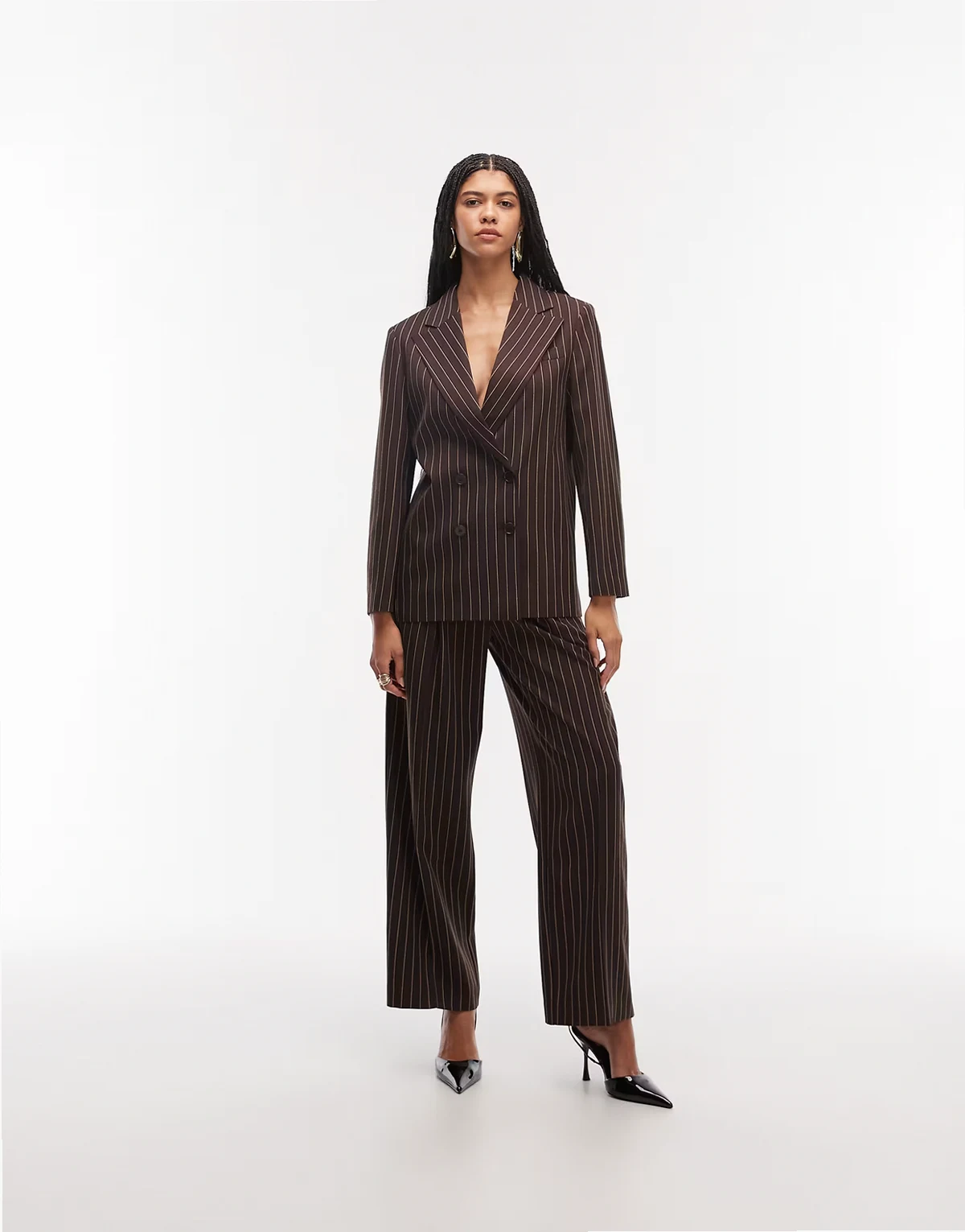 wide leg pleated pants in chocolate pinstripes - part of a set