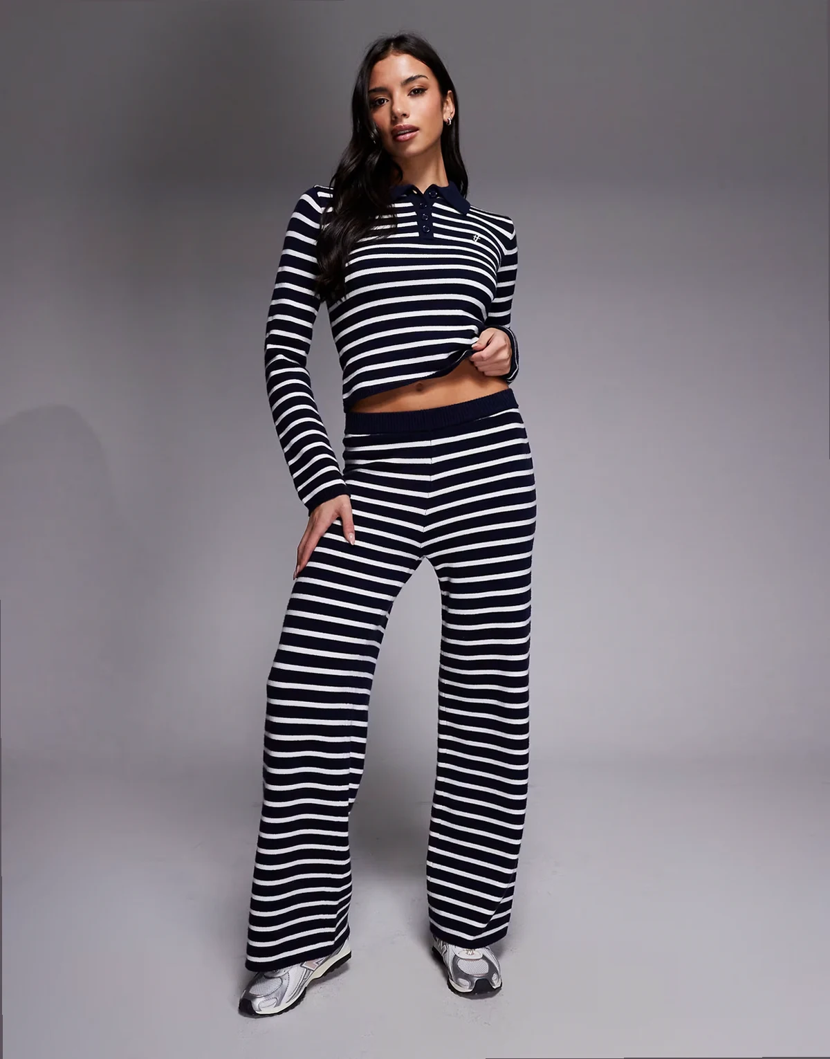 exclusive knit elastic waist wide leg pants in navy & cream - part of a set