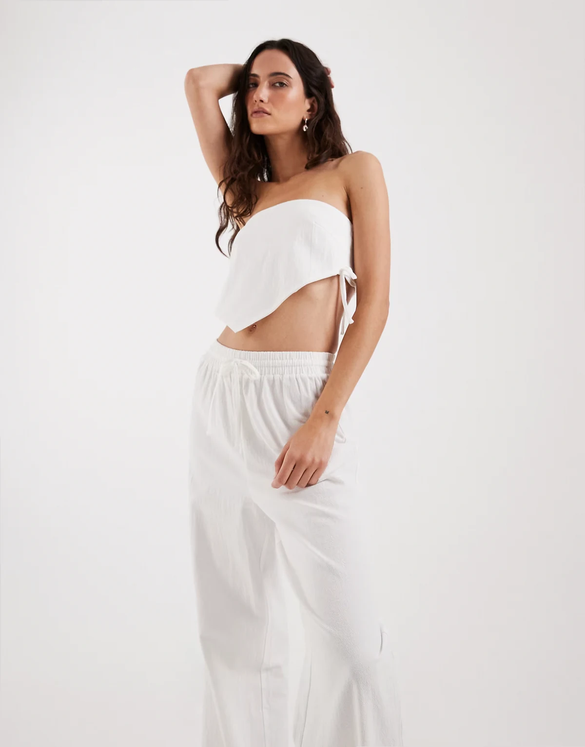 linen look tie waist wide leg beach pants in white - part of a set