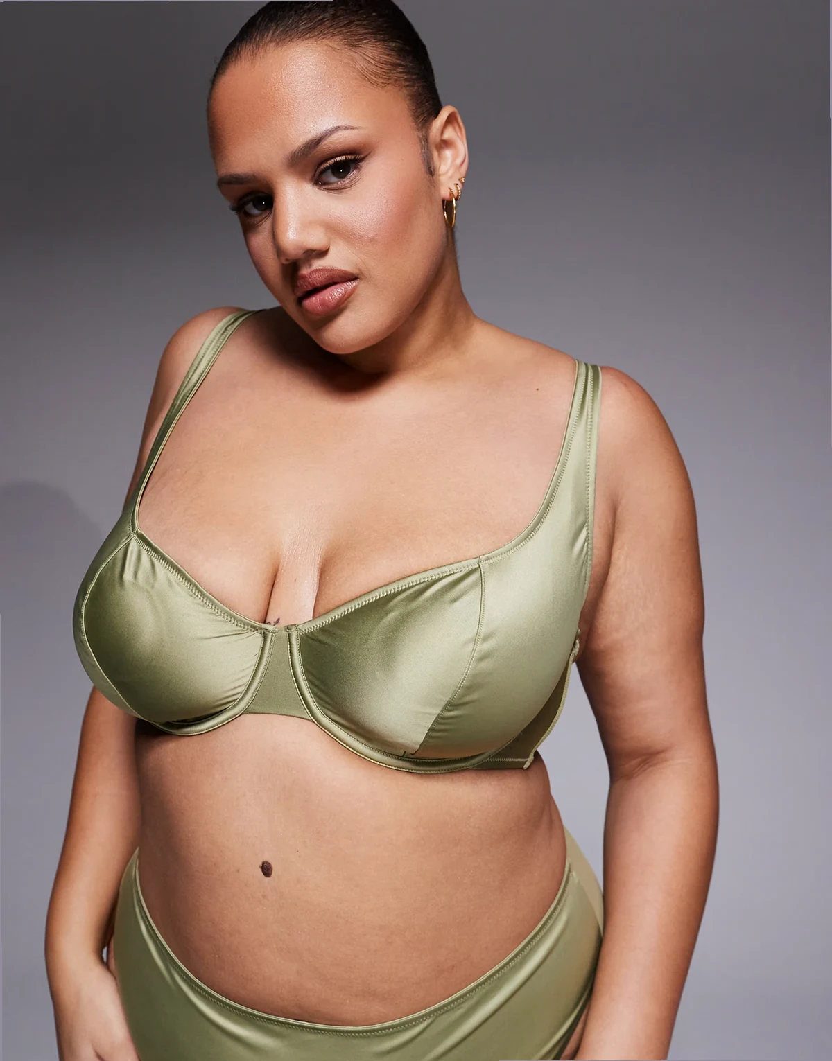 ASOS DESIGN Curve Fern clean satin built up underwire bra in olive green