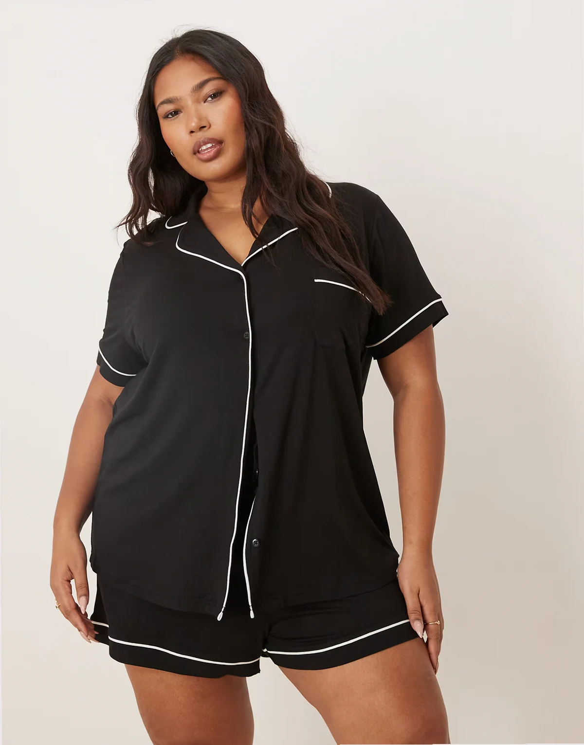 ASOS DESIGN Curve super soft short sleeve shirt and shorts pajama set in black