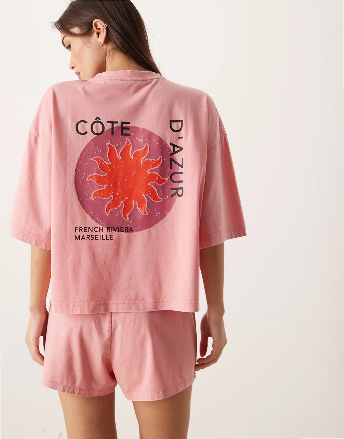 Côte D'Azur acid wash graphic pajama set in pink