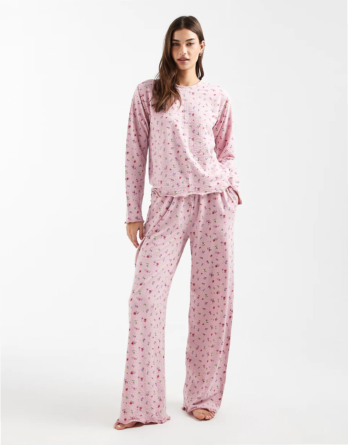 long sleeve pajama set with ditsy floral print in pink