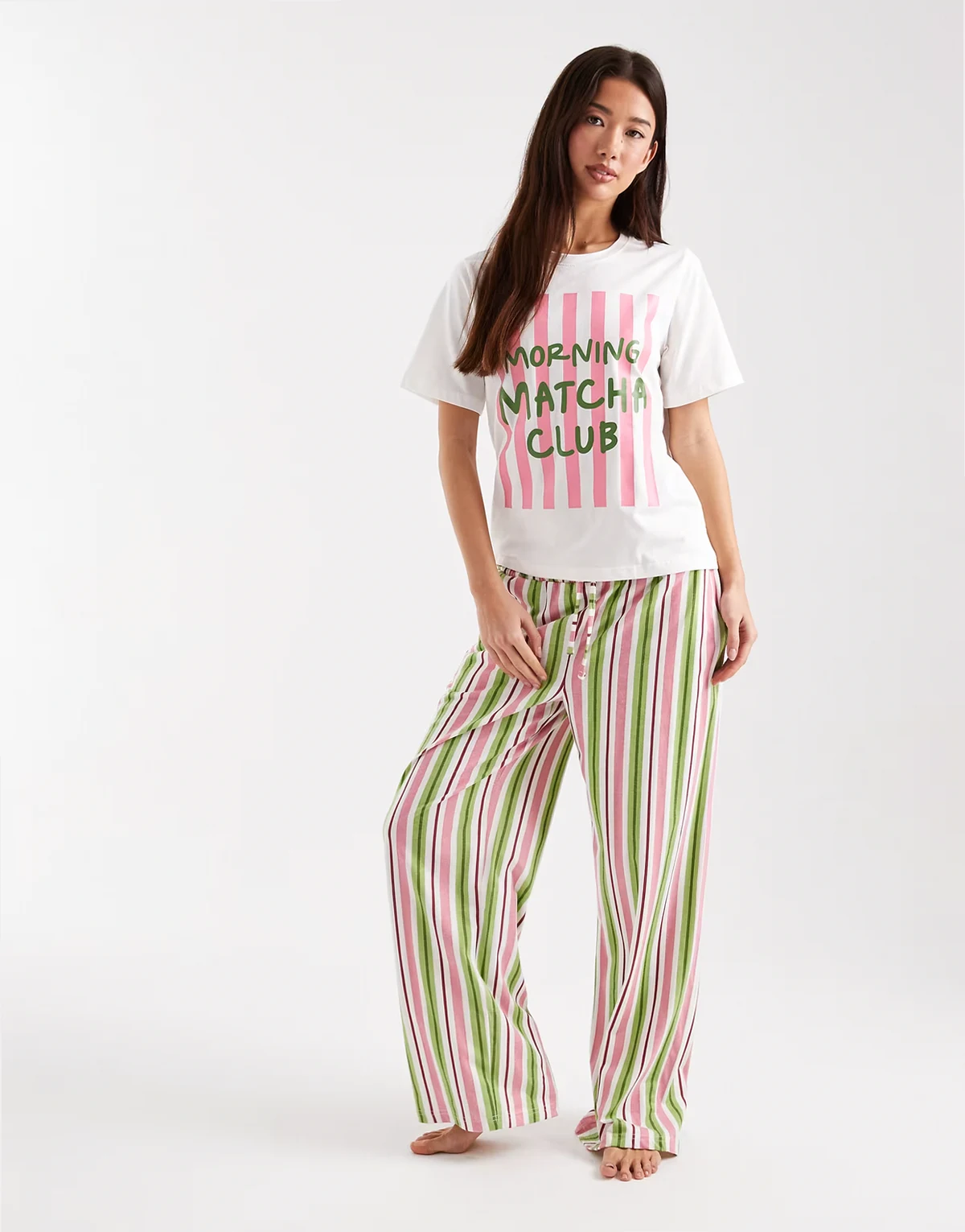 t-shirt stripe pajama set with matcha print in pink and green