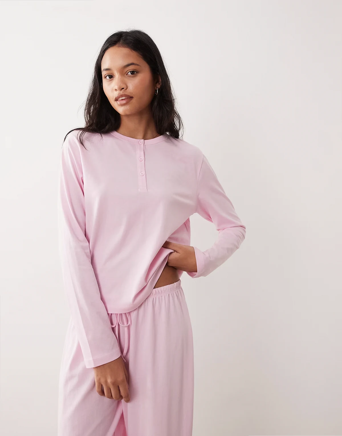 mix & match cotton long sleeve henley neck pajama top in candy pink