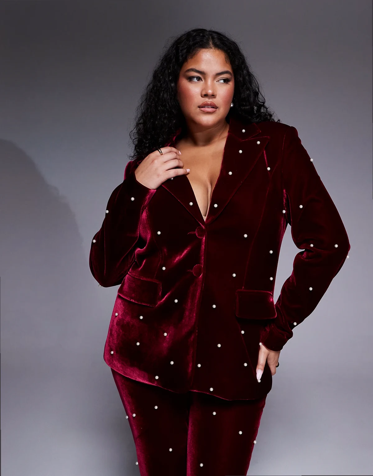 Curve pearl embellished velvet blazer in burgundy - part of a set