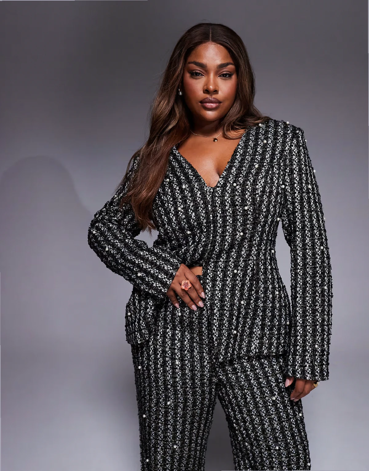 Curve pearl embellished boucle blazer in black - part of a set