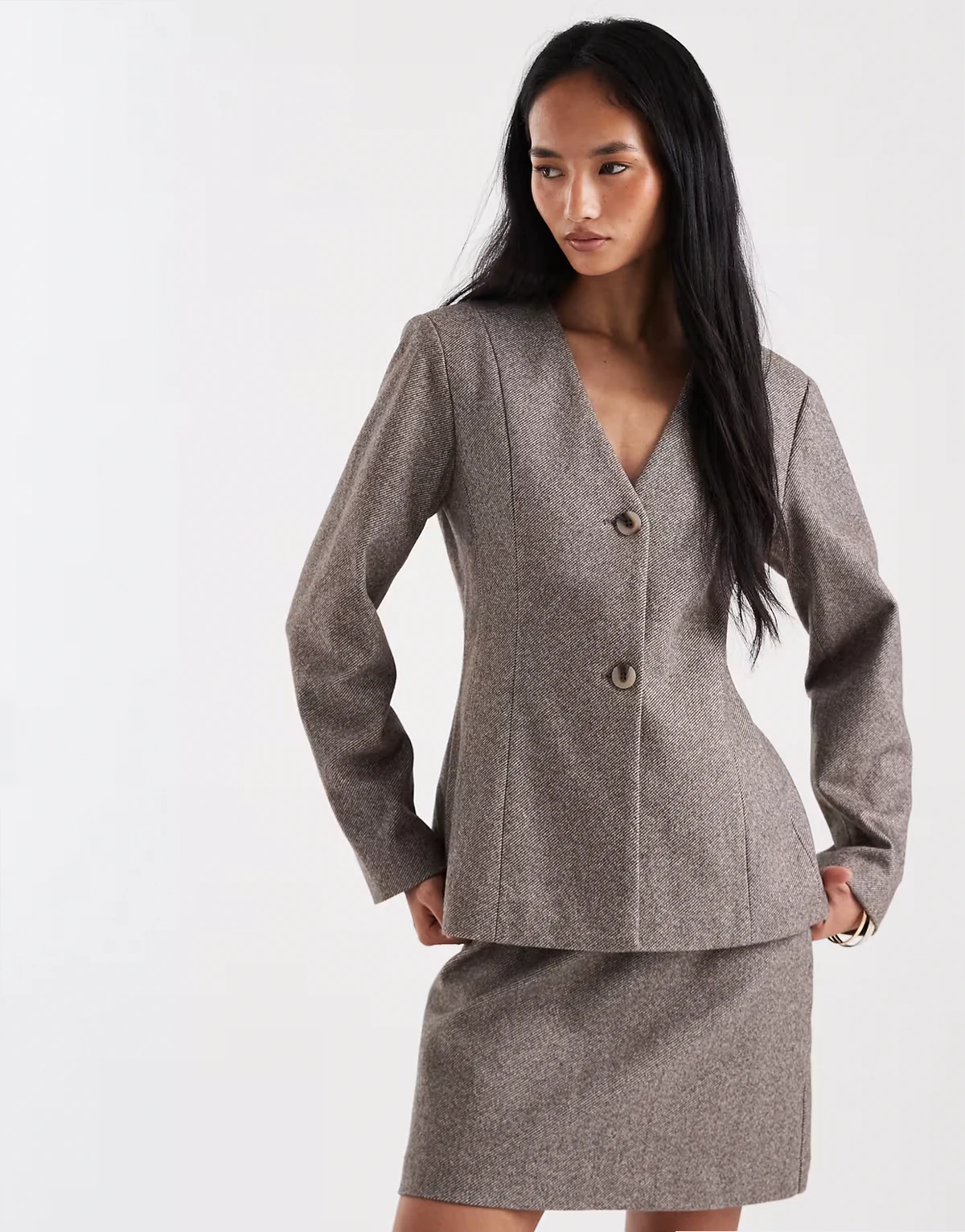 cinched waist textured tailored blazer in light brown - part of a set