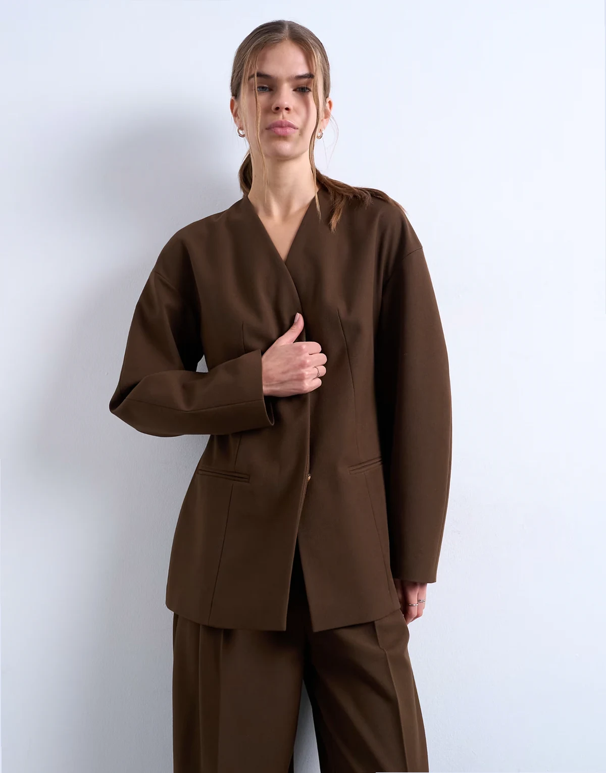 collarless ovoid sleeve blazer in chocolate - part of a set