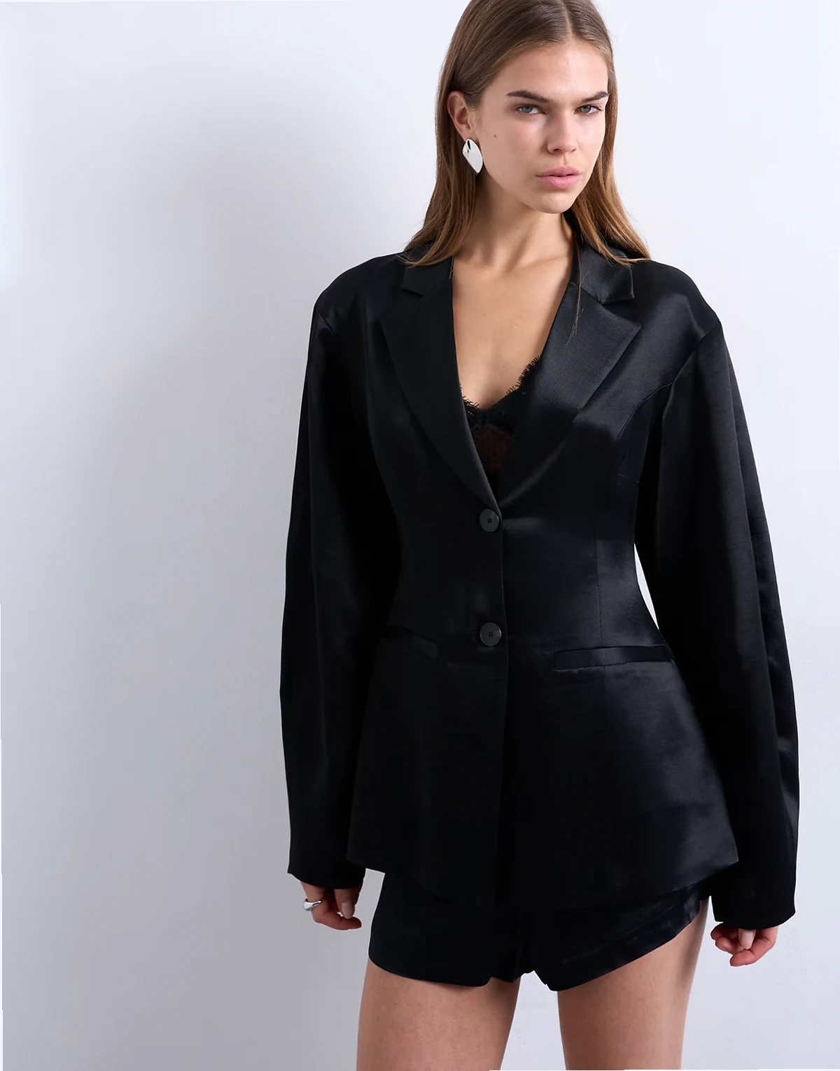satin cinched blazer in black