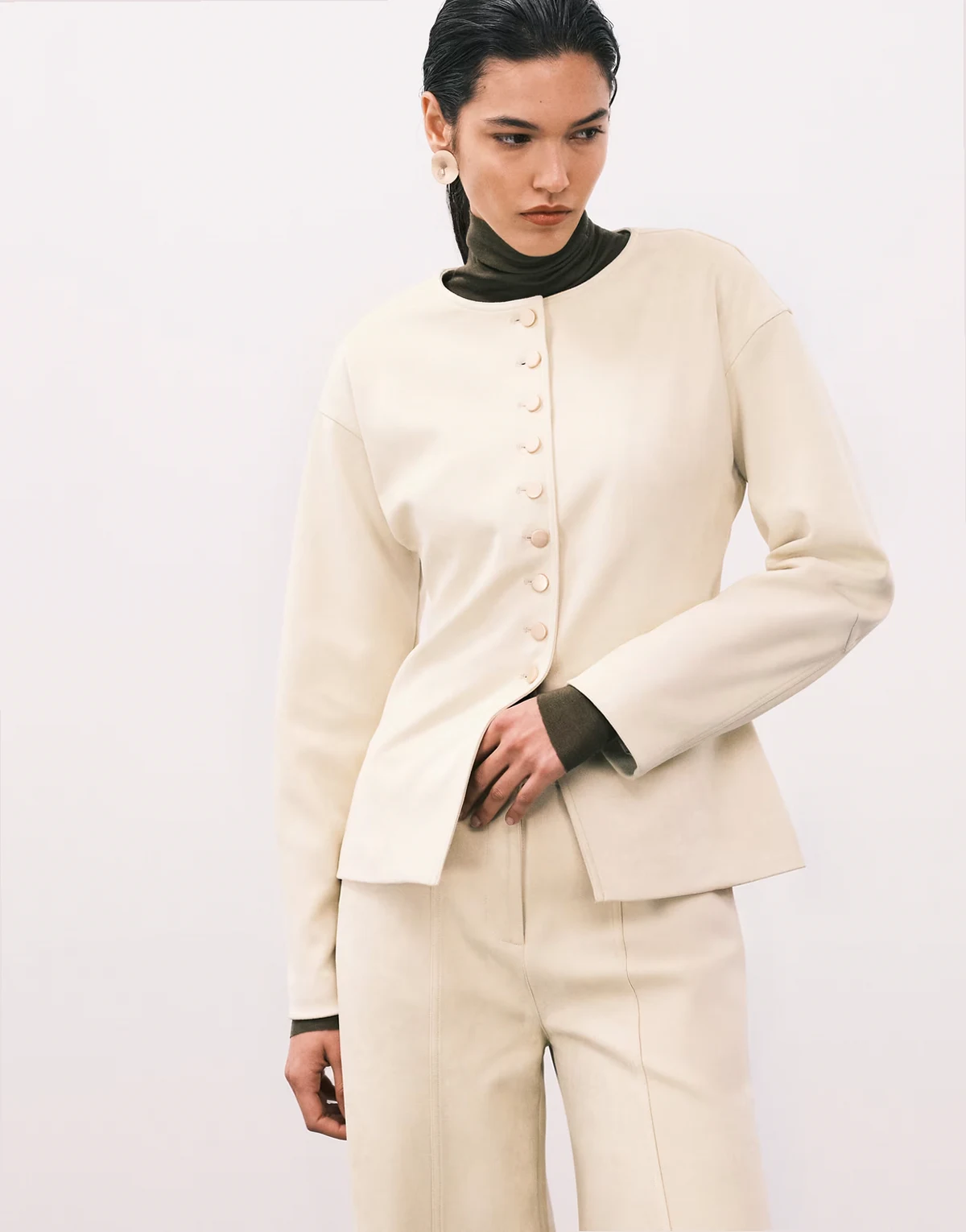 faux suede collarless gold button blazer in buttercream - part of a set