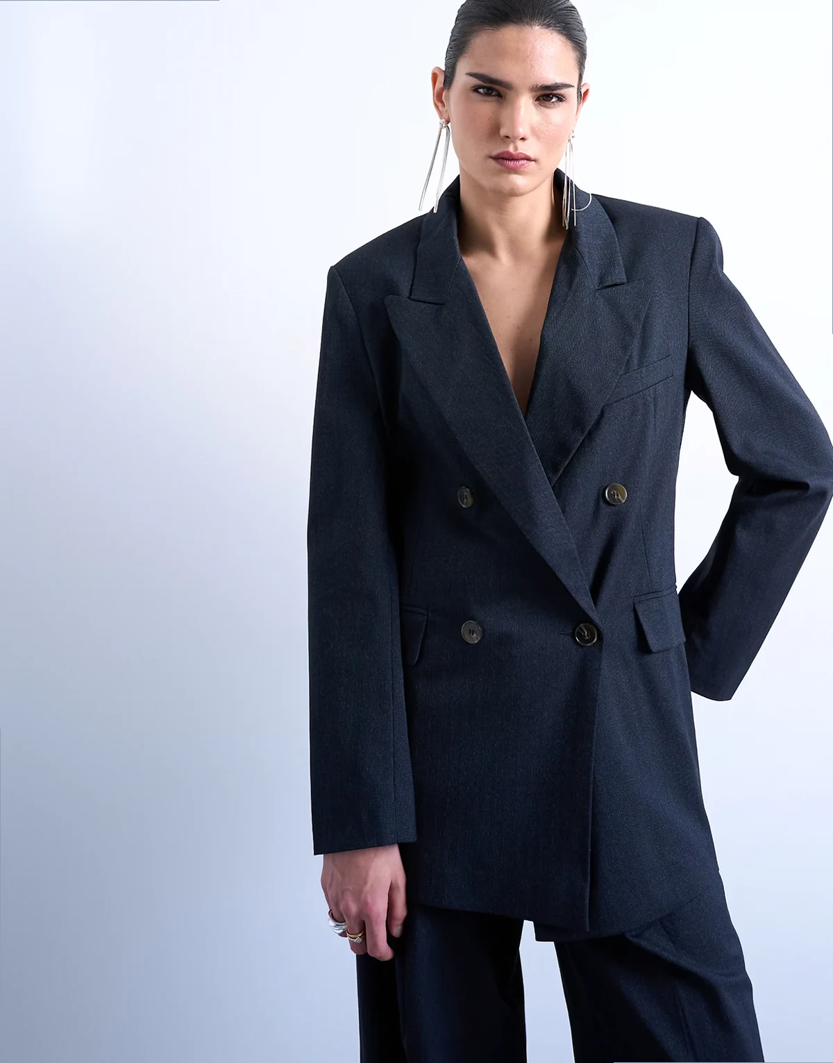 double breasted oversized blazer in navy subtle pinstripes - part of a set