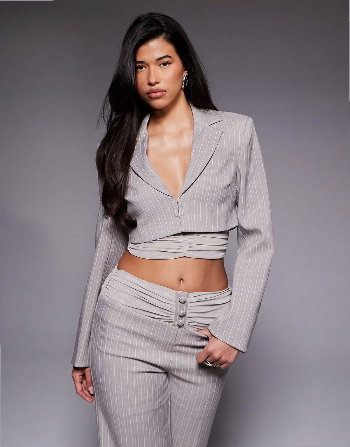 mesh detail cropped blazer in gray pinstripe - part of a set
