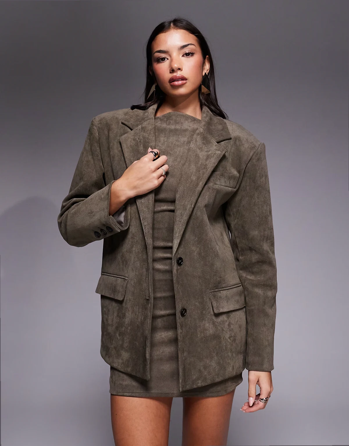 faux suede dropped shoulder oversized blazer in taupe - part of a set