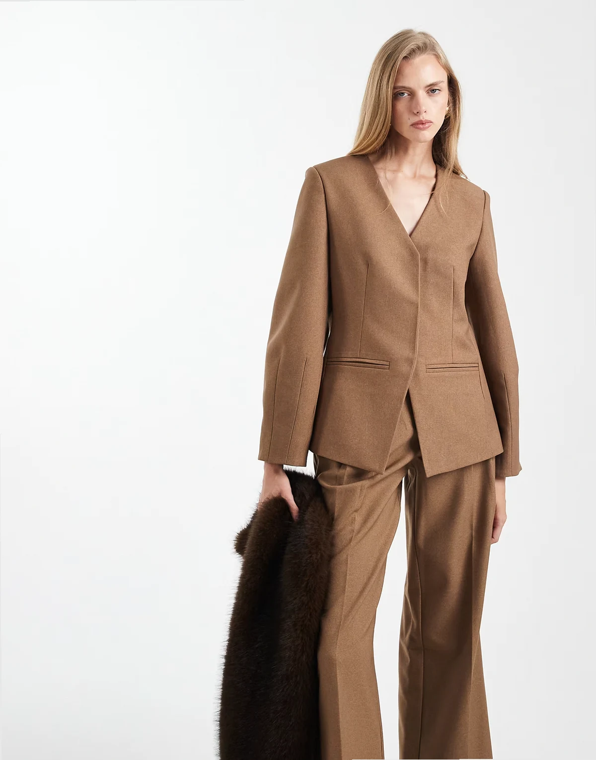 tailored collarless cinched waist cocoon sleeve blazer in camel - part of a set