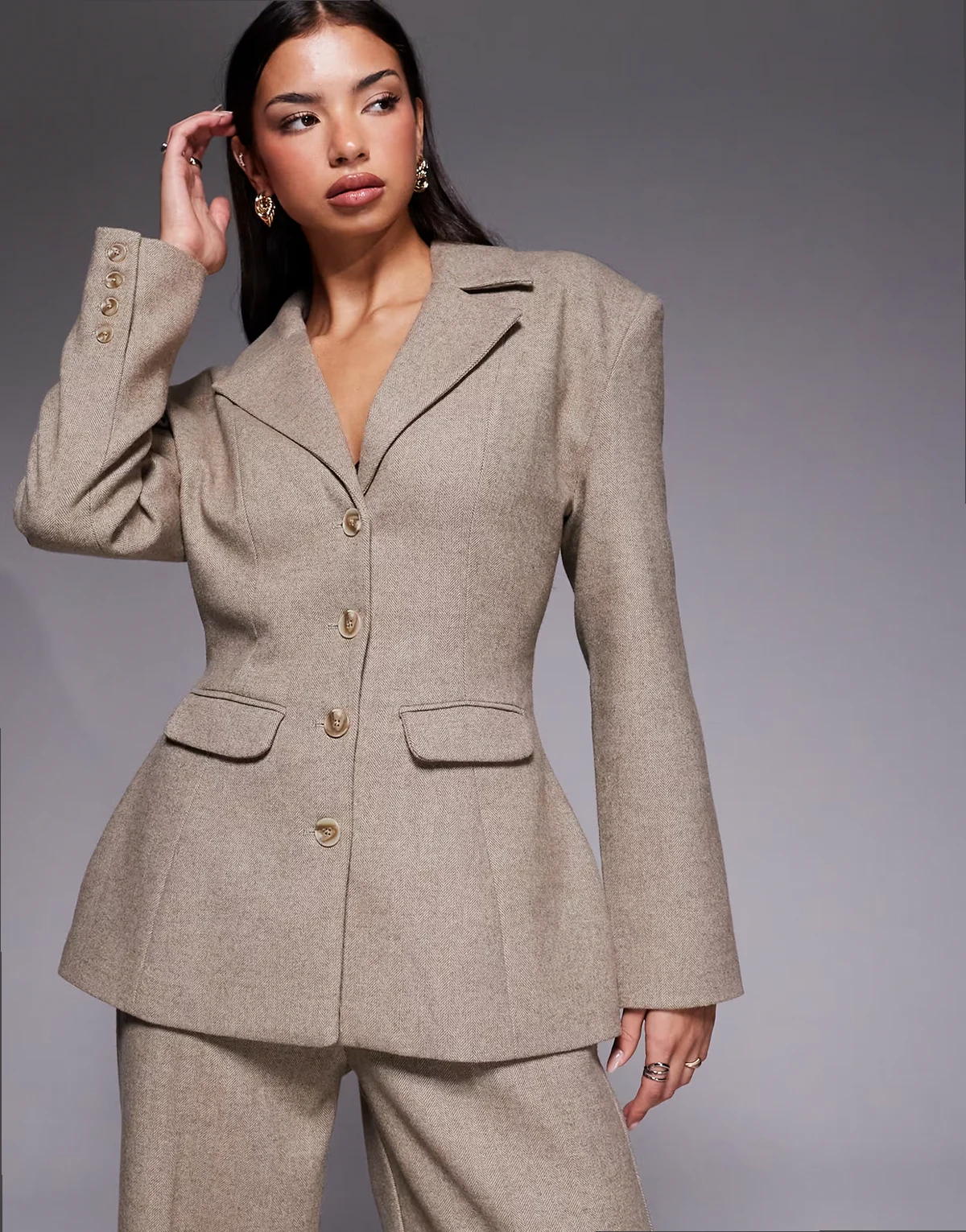 Farron wool mix structured cinch waist longline blazer in taupe - part of a set