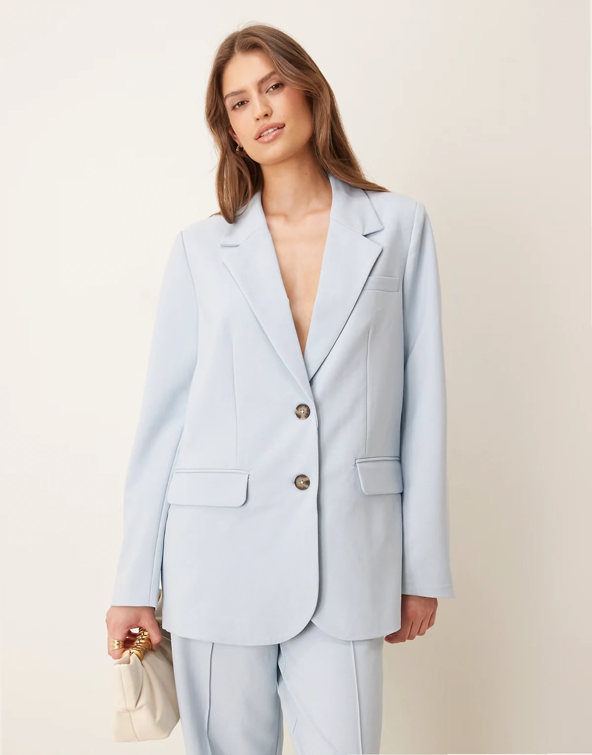 oversized blazer with tortoise shell button detail in sky blue - part of a set