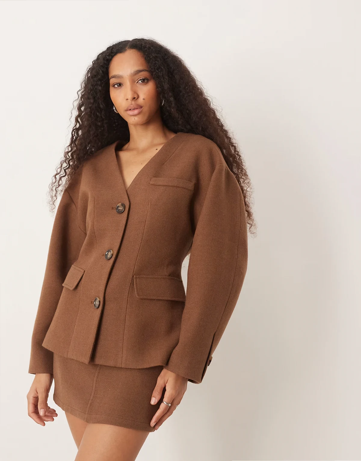 collarless cinched tailored jacket in brown - part of a set