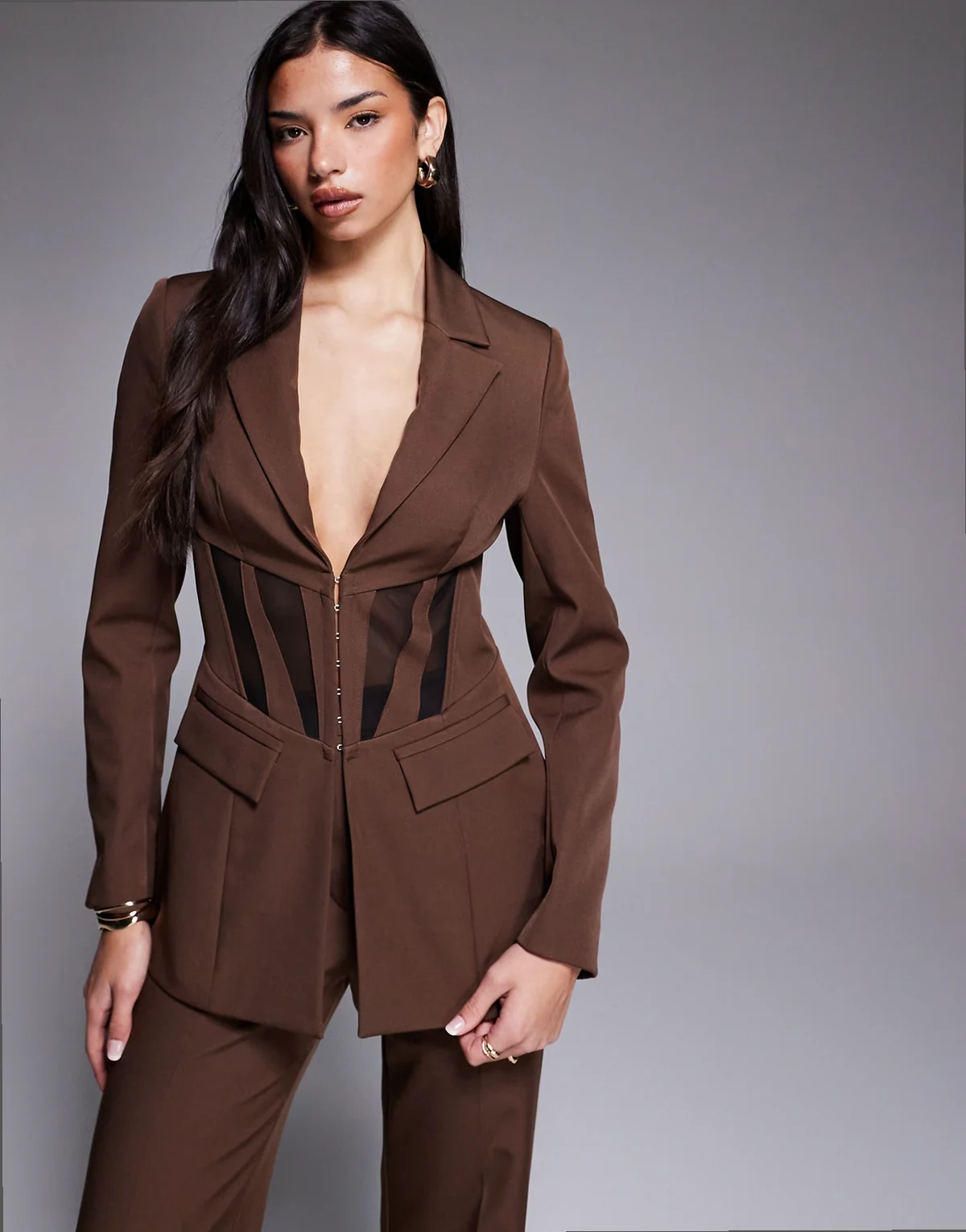 cinched waist blazer with contrast panelling in brown - part of a set