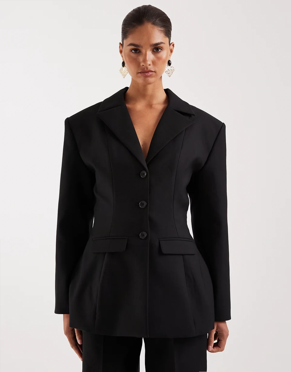 Farron tailored structured cinched waist longline blazer in black - part of a set