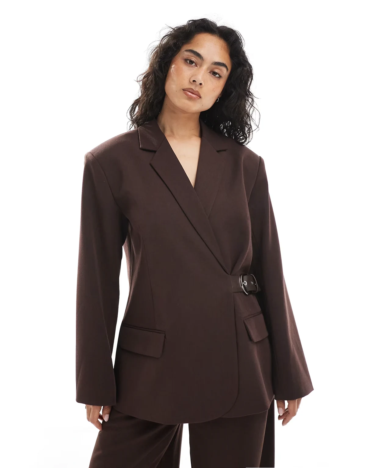 tailored oversized belt detail blazer in chocolate -set