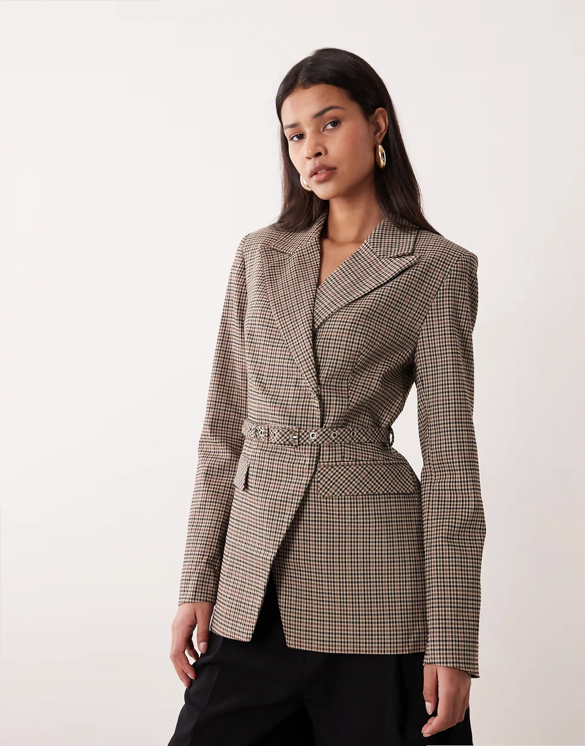 belted tailored blazer in brown plaid