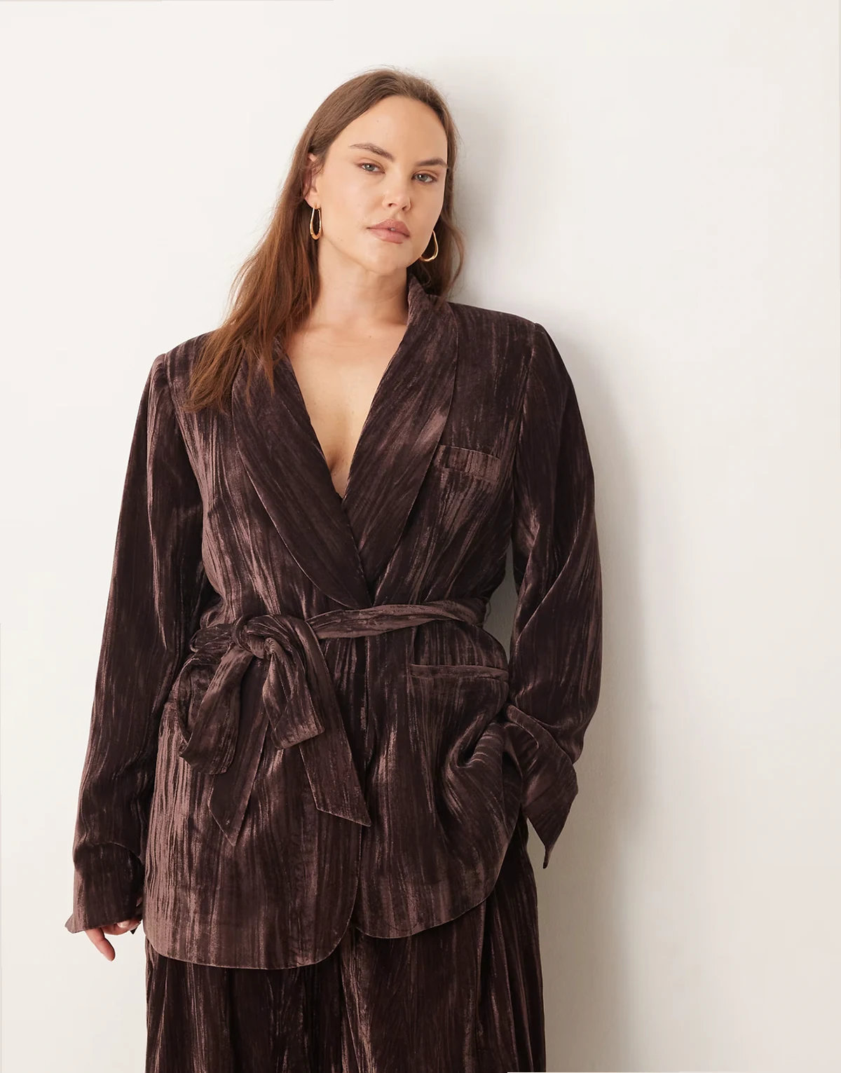 Curve tie waist velvet blazer in chocolate - part of a set