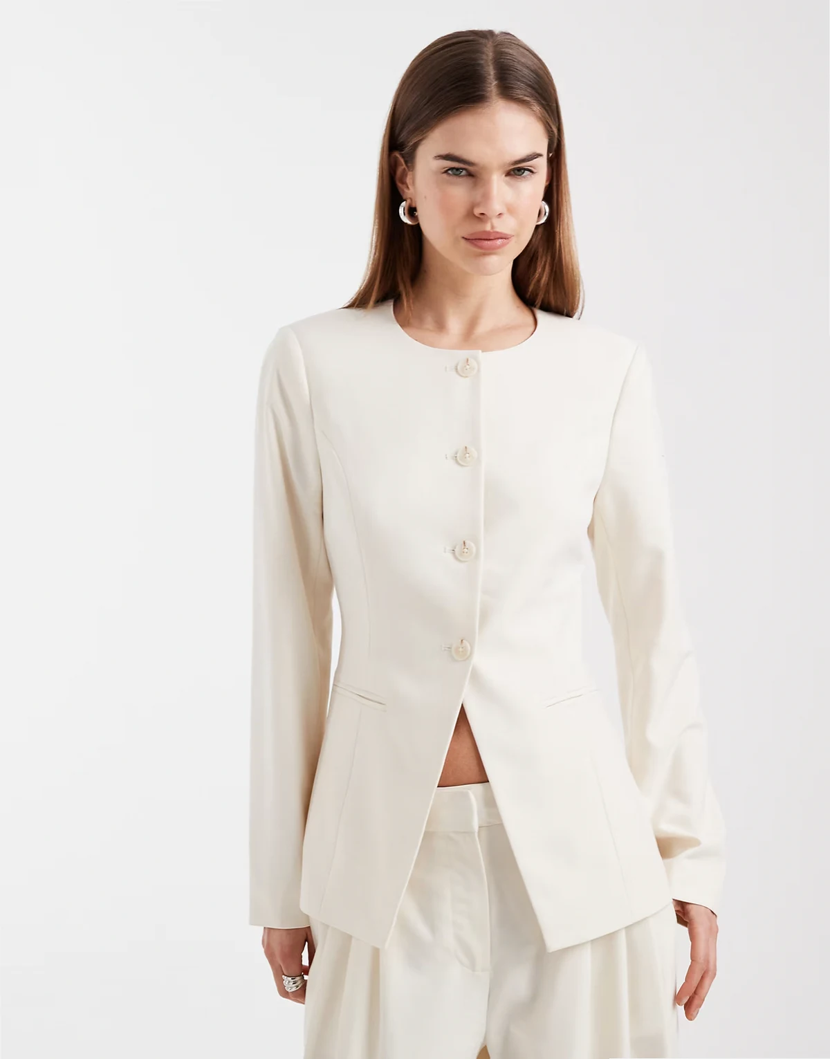 tailored collarless fitted blazer in cream - part of a set