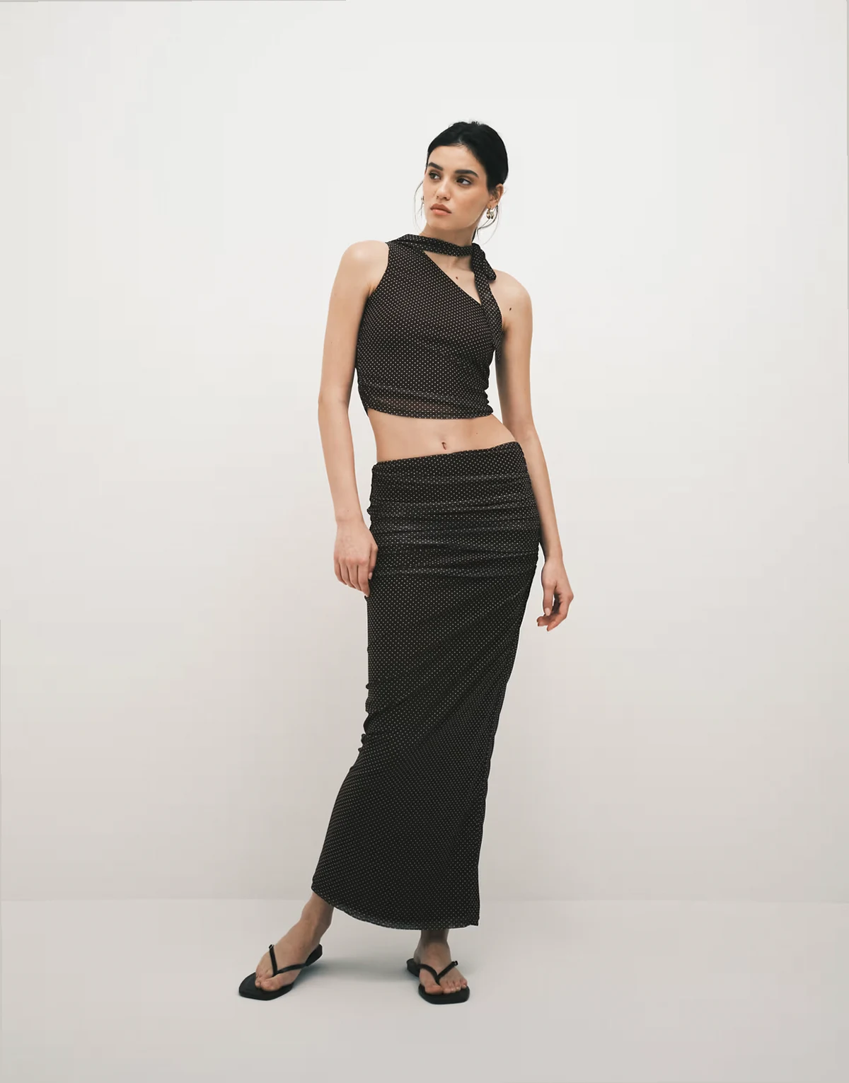 exclusive mesh overlay ruched front detail maxi skirt in chocolate polka dot - part of a set