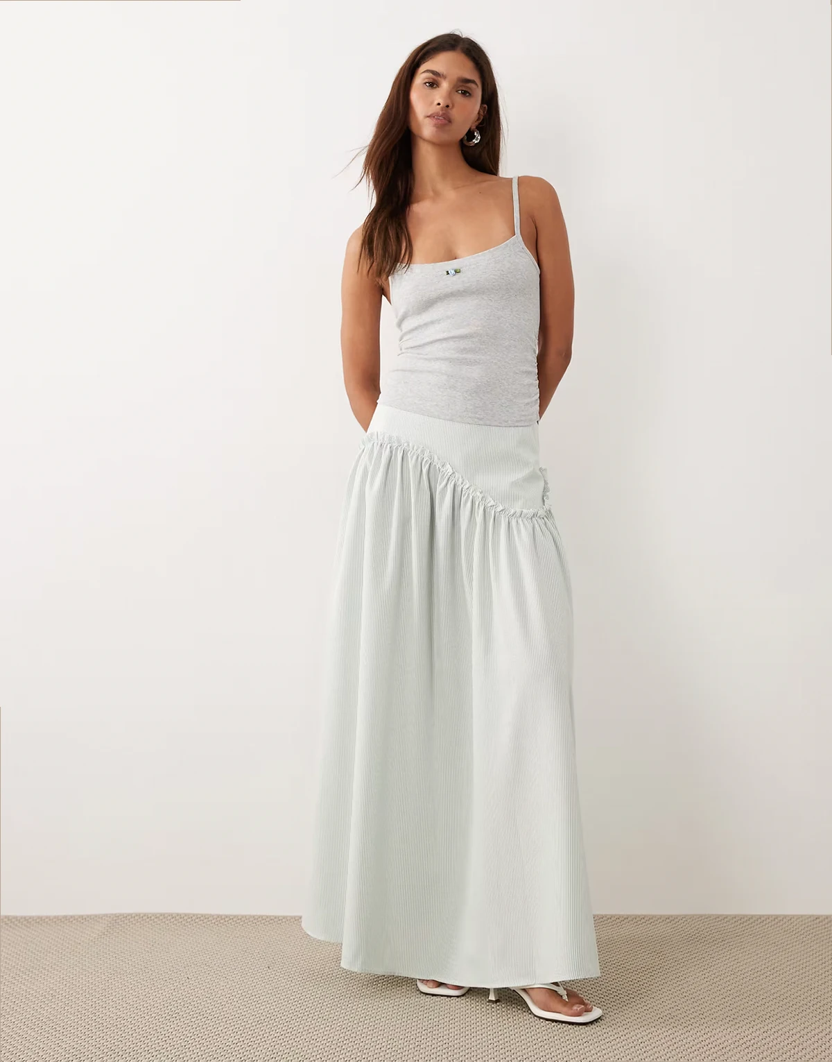 dropped waist detailing maxi skirt in sage pinstripes