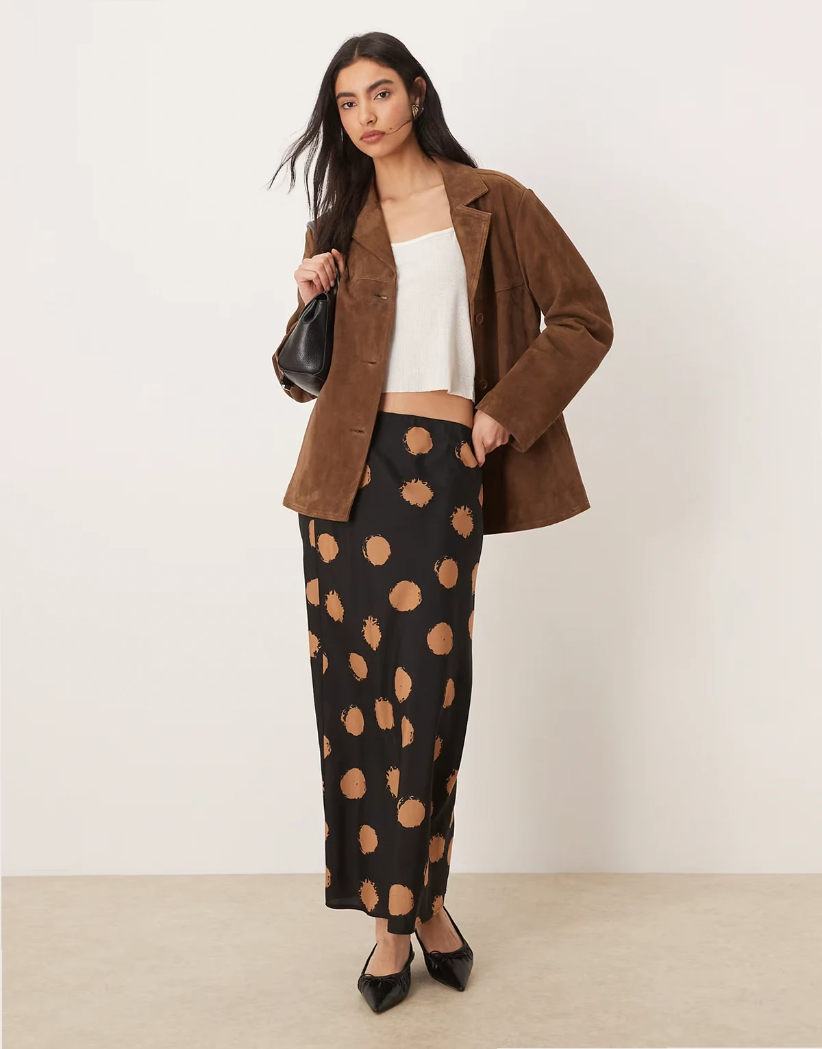 bias cut midaxi skirt in brown polka dots