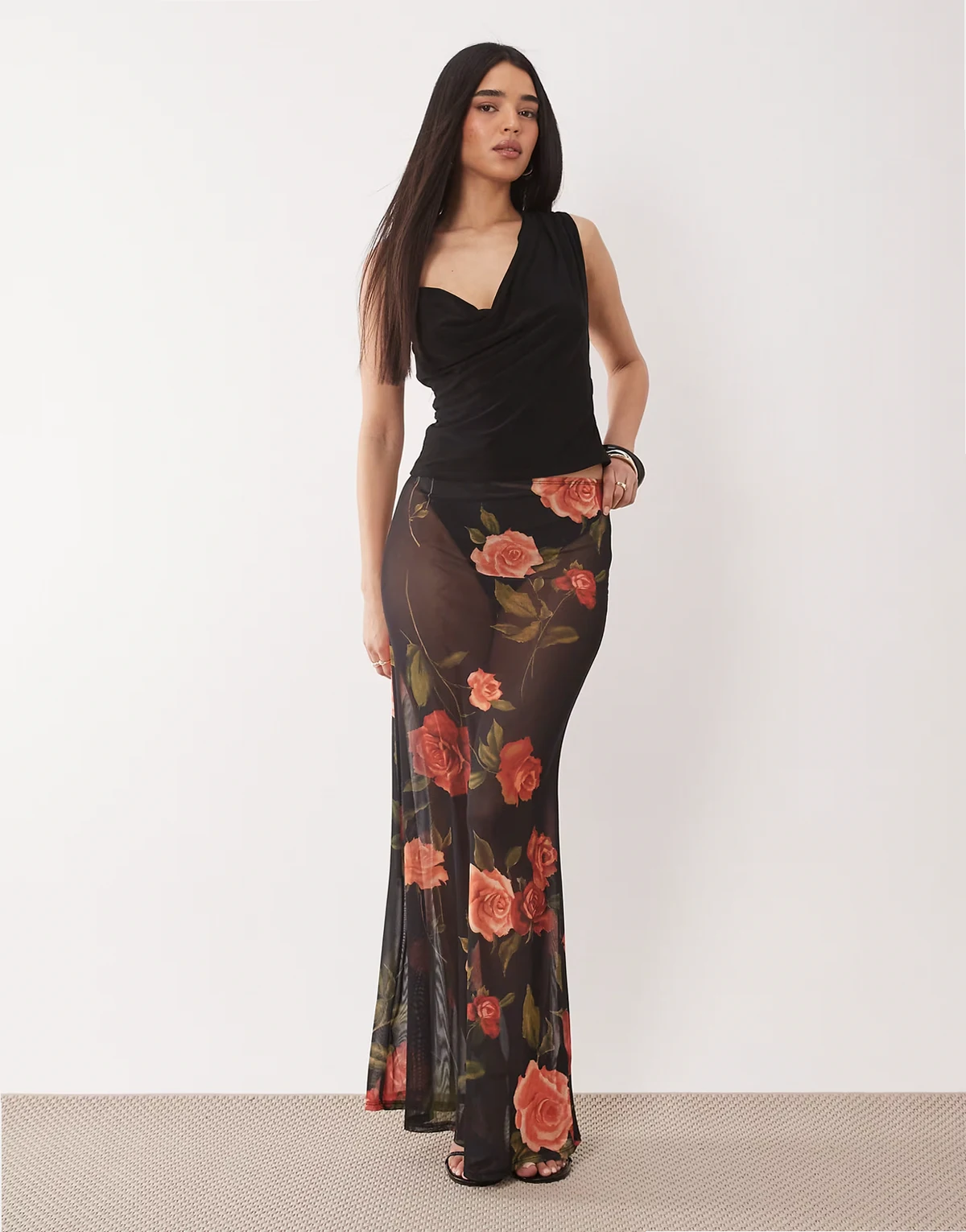 printed mesh sheer maxi skirt in patchwork floral