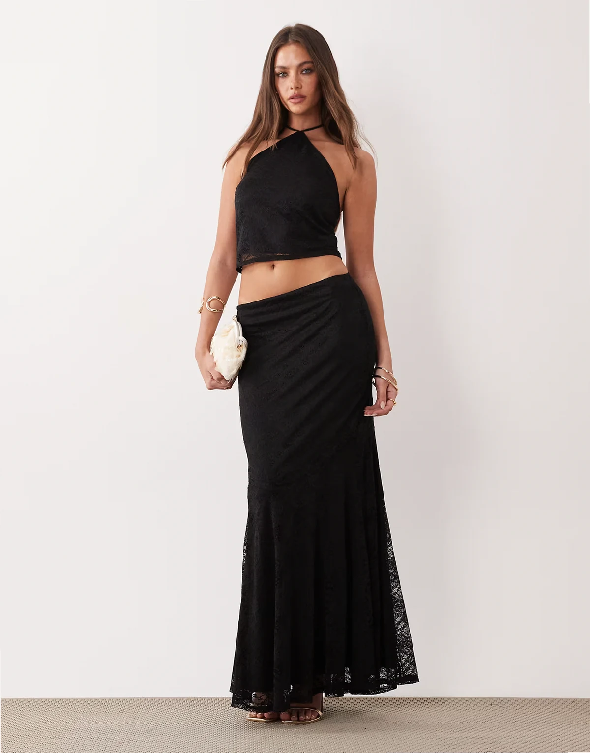 lace fishtail maxi skirt in black - part of a set