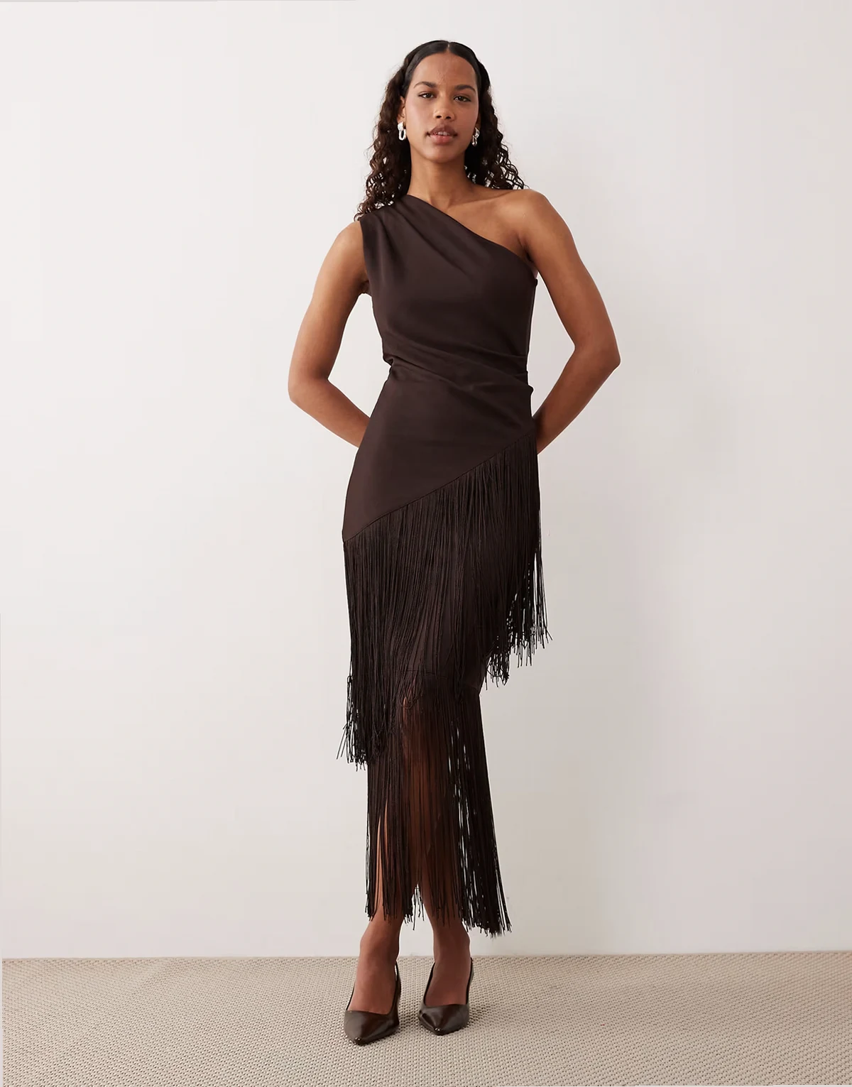 fringe midi skirt in chocolate brown - part of a set
