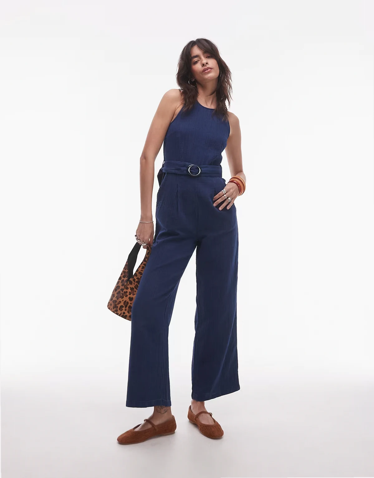 straight leg denim jumpsuit with belt detail in indigo