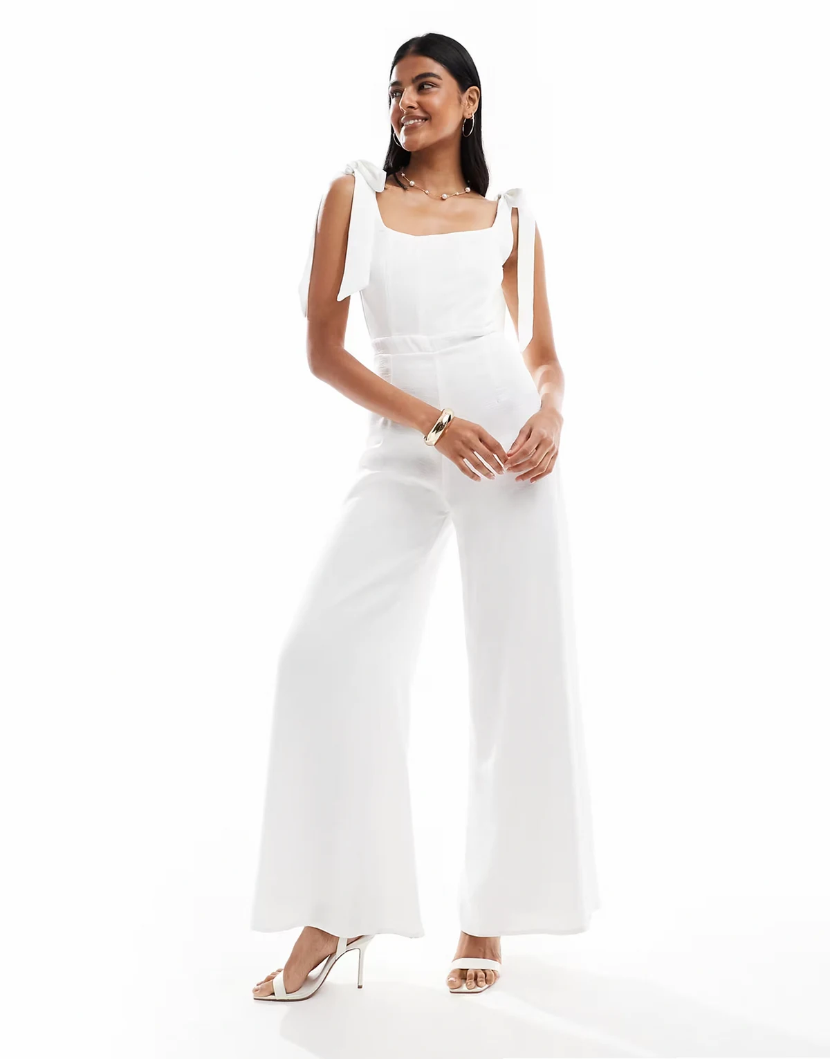 Bridal tie shoulder satin wide leg jumpsuit in white