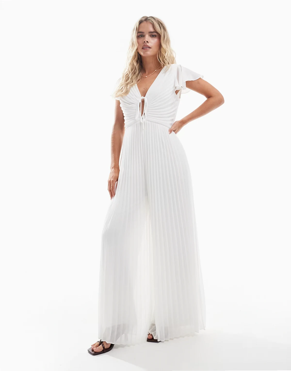 pleated wide leg jumpsuit with keyhole detail in cream