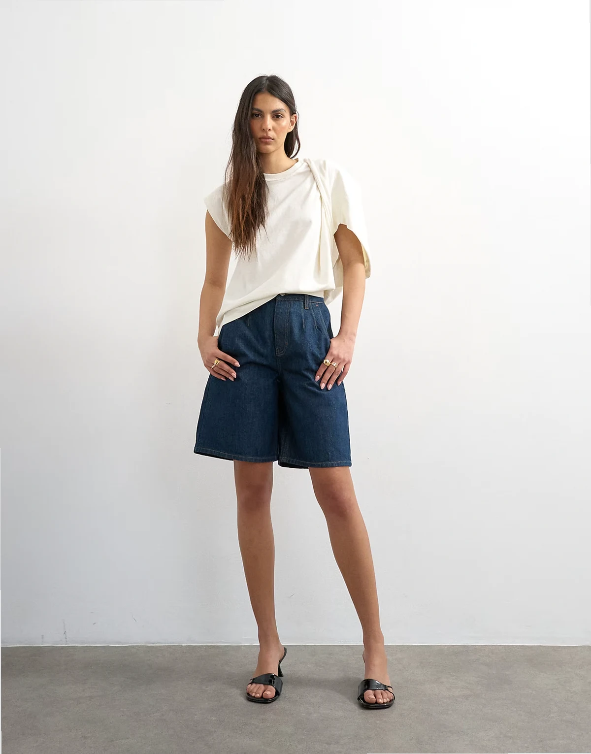 denim pleated longline shorts in indigo rinse
