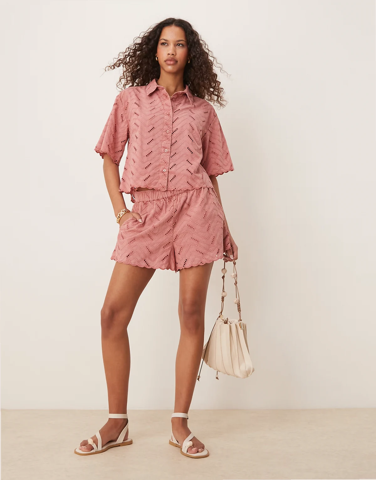 geo eyelet relaxed shorts in rose - part of a set
