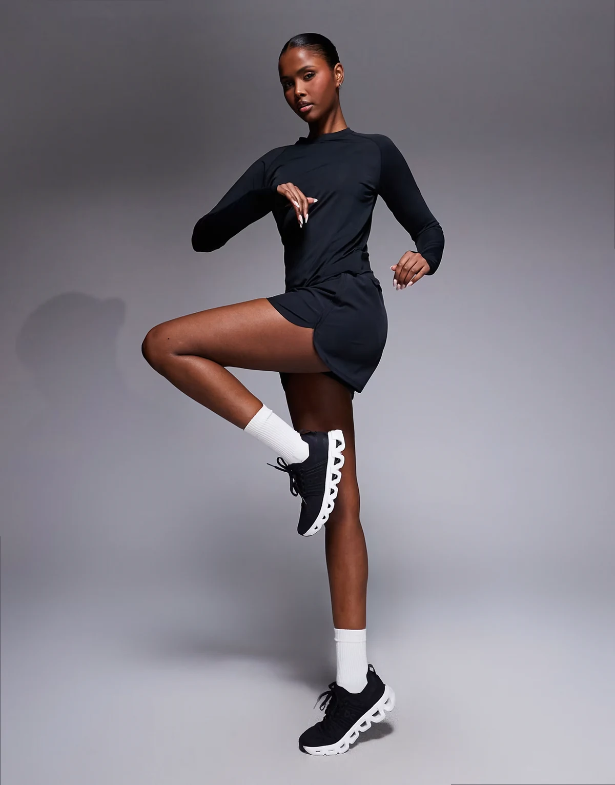 high waist woven running shorts with zip phone pocket in black