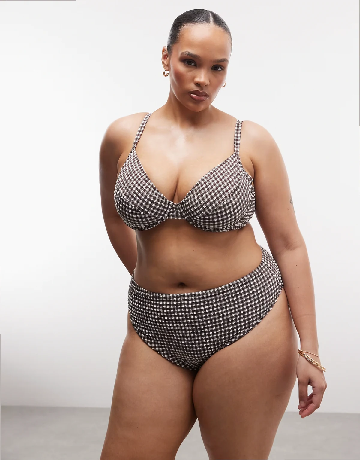 Plus seersucker gingham high waist bikini bottom in brown