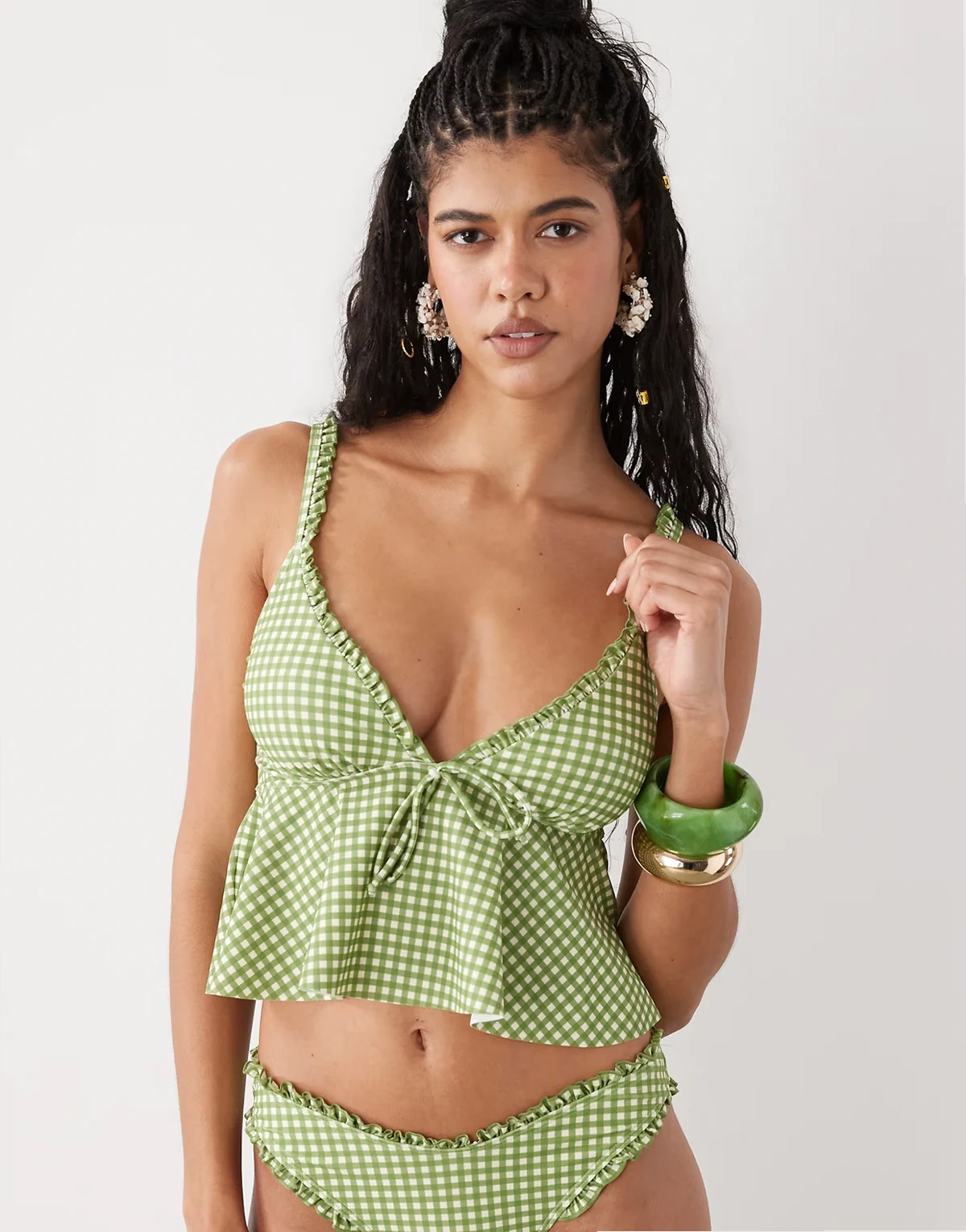 tankini top with floaty hem in green and white gingham plaid