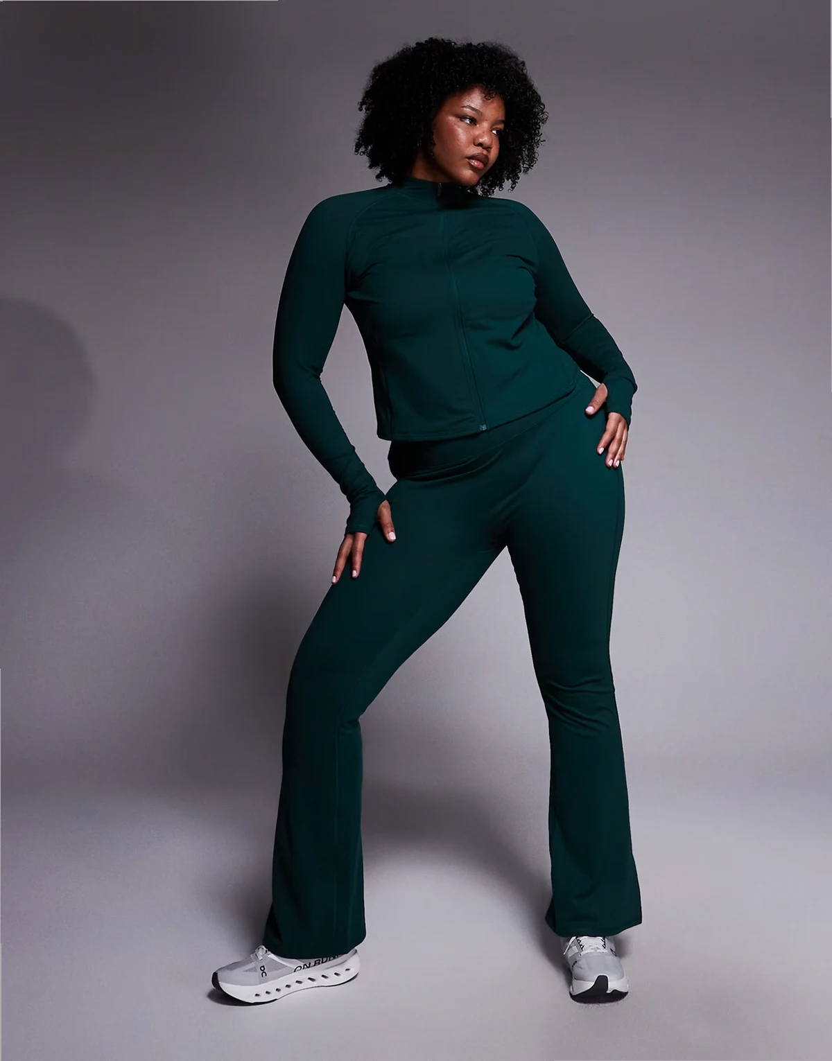 Curve Icon soft touch zip up studio long sleeve top in evergreen